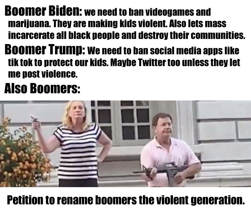 This meme is a humorous comparison between the policies of two US presidents, Joe Biden and Donald Trump. The meme presents a fictional conversation between the two presidents, with Biden advocating for stricter policies and Trump advocating for more lenient policies. The meme also includes a humorous image of a woman holding a gun, with the text "In 2023, we can't even get a 17 year old to put down their phone. How are we supposed to keep them from getting a gun?"